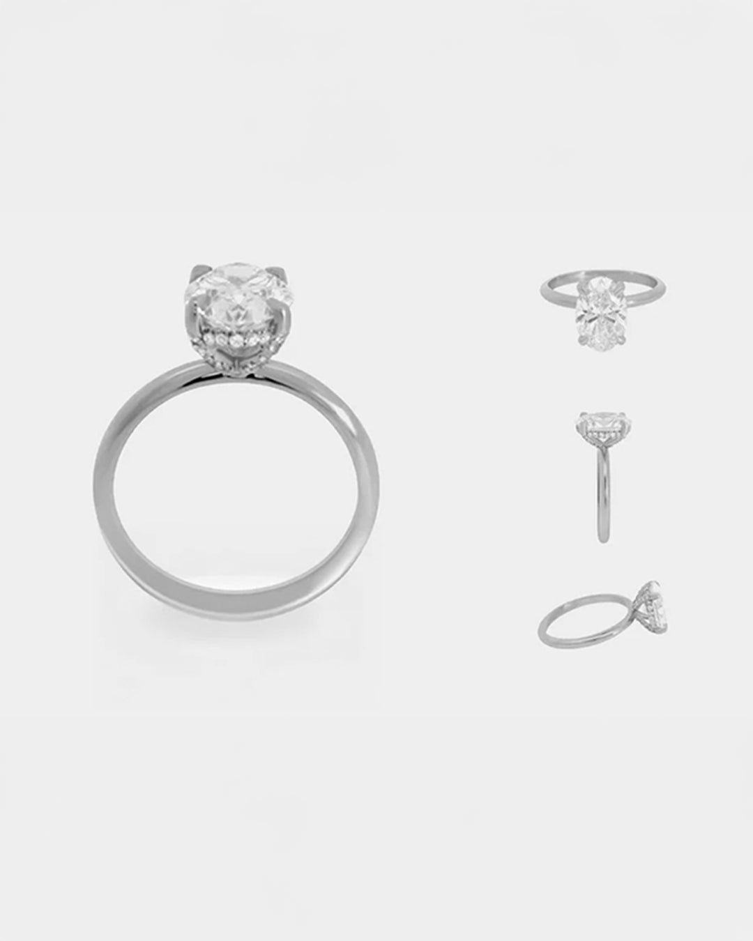Saint Stones model showcasing a set of silver rings with diamond accents on a white background, styled for luxury bridal jewelry in Colorado