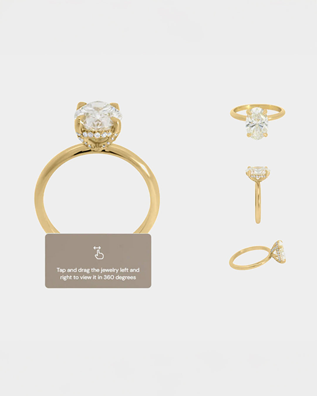 Saint Stones model displaying a gold jewelry set including earrings and rings on a light gray background, styled for luxury bridal jewelry in Colorado