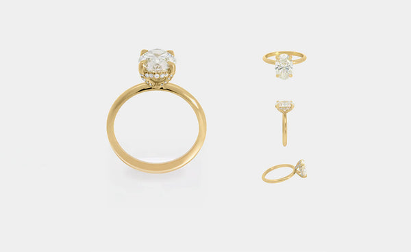 Saint Stones model showcasing a set of gold rings with diamonds on a white background, styled for luxury bridal jewelry in Colorado