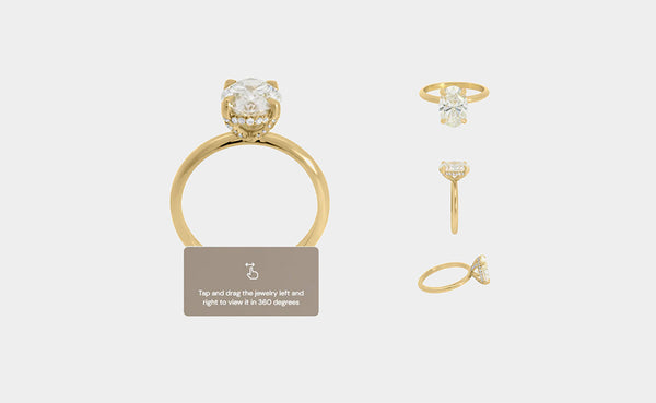 Saint Stones model showcasing a gold ring with a diamond on a gray background, styled for luxury bridal jewelry in Colorado
