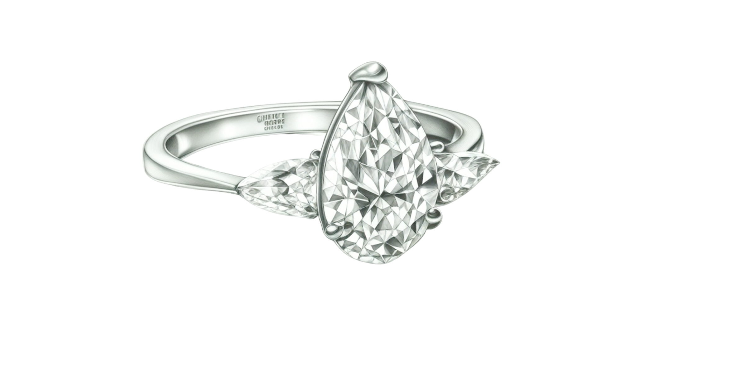 Saint Stones model showcasing a diamond ring with a pear-shaped center stone on a white background, styled for luxury bridal jewelry in Colorado